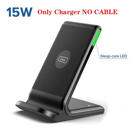 A close up of a cell phone charging stand with a charger