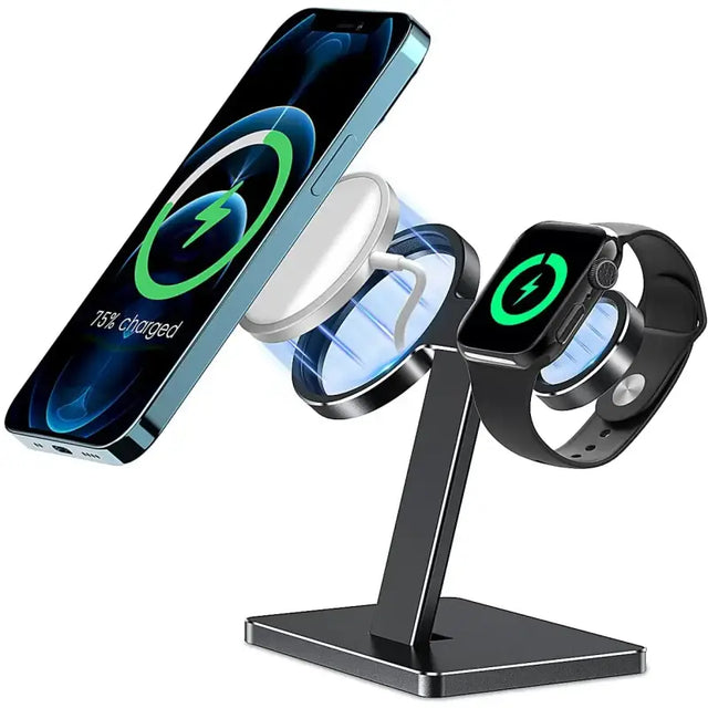 a close up of a cell phone and a stand with a charging device