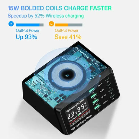 A close up of a cell phone charging station with a clock
