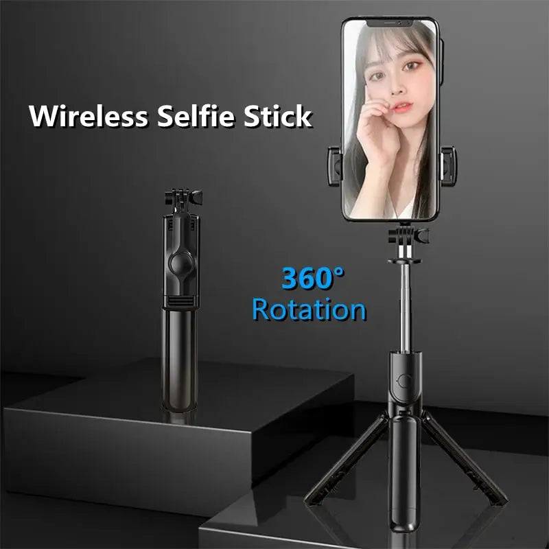 a close up of a cell phone on a tripod with a selfie stick