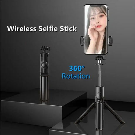 a close up of a cell phone on a tripod with a selfie stick