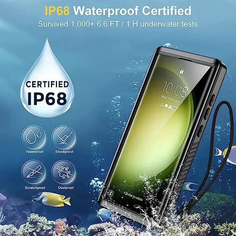 A close up of a cell phone with a waterproof case