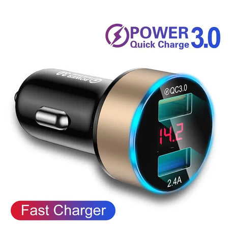 a close up of a car charger with a clock on it