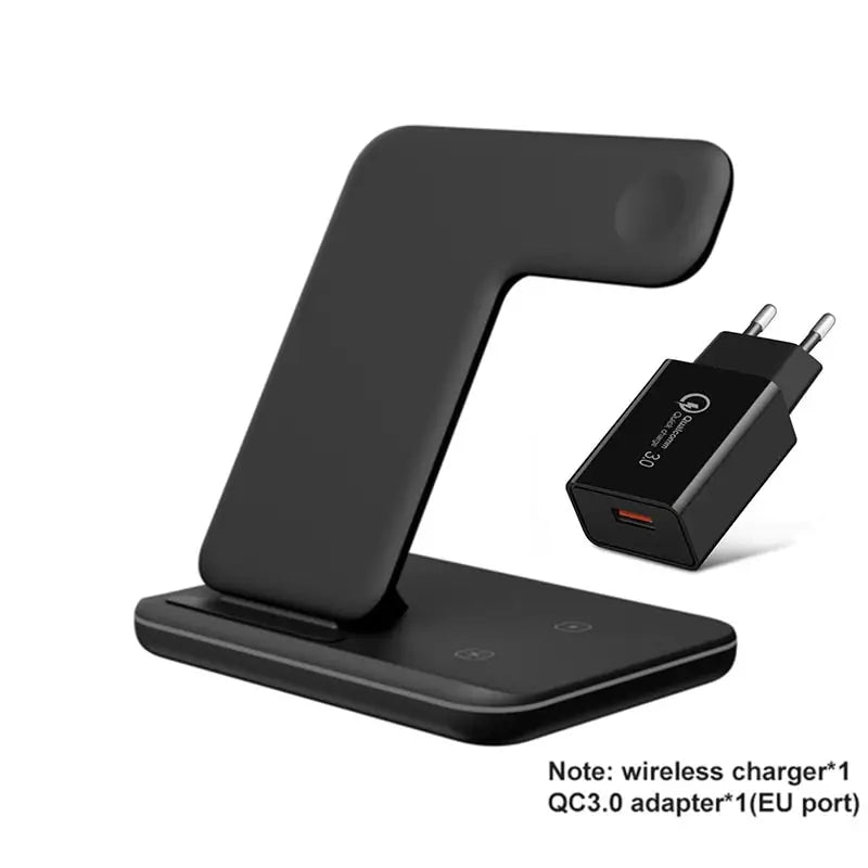 a close up of a charging dock with a phone and a charger