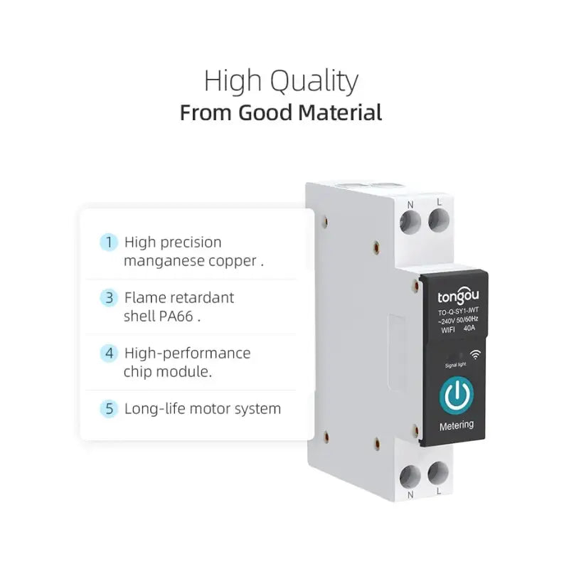 a close up of a circuit breaker with a description of the product