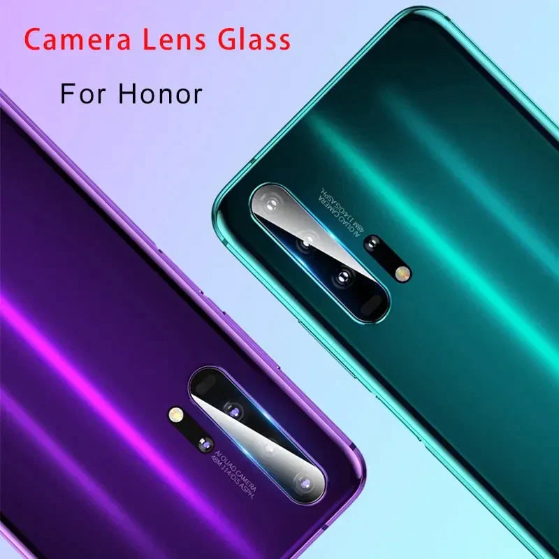 a close up of two different colored smartphones with the text camera lens glass for honor