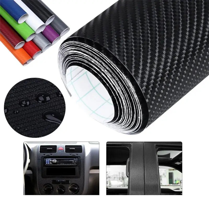 a close up of a car dashboard with a car dashboard mat and various colors of carbon fiber