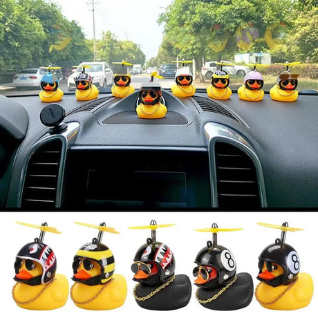 a close up of a car dashboard with rubber ducks in the dash