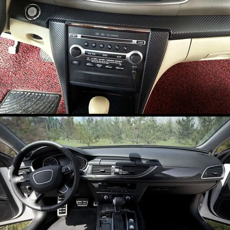 the interior of a car with a red carpet