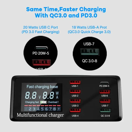 A close up of a digital clock with a charger and a charger