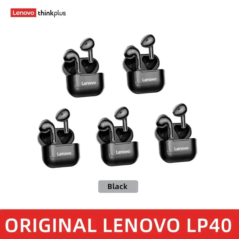 a close up of four black lenovo p40 earphones with a red background
