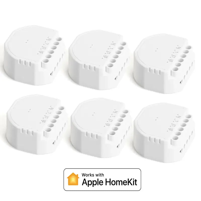 a close up of four white apple homekits with a white apple homekit logo