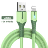 a close up of a green cable connected to an iphone