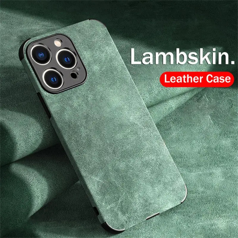 the back of a green leather case with the text lambin leather case