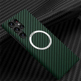 a close up of a green phone case with a circular logo