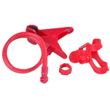 a close up of a red hose clamp with a couple of hoses