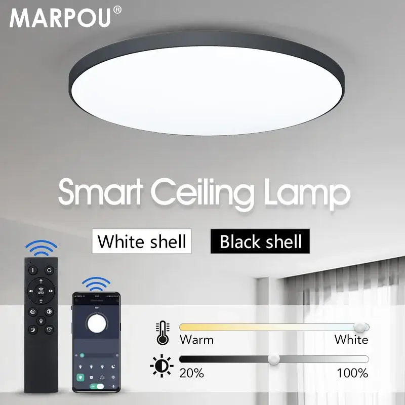 a close up of a ceiling light with remote control and a remote control