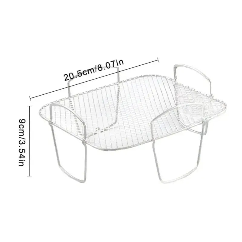 a close up of a metal wire basket with measurements