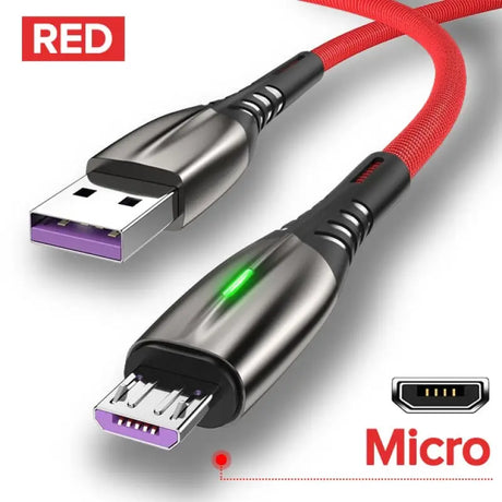 a close up of a red micro usb cable connected to a micro usb cable