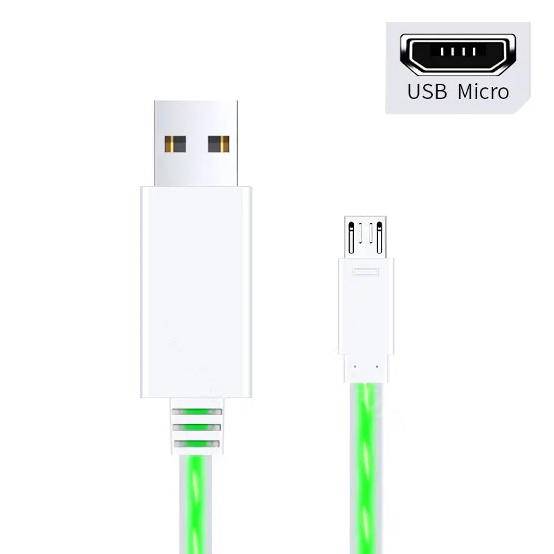 a close up of a usb micro usb cable with a green glow
