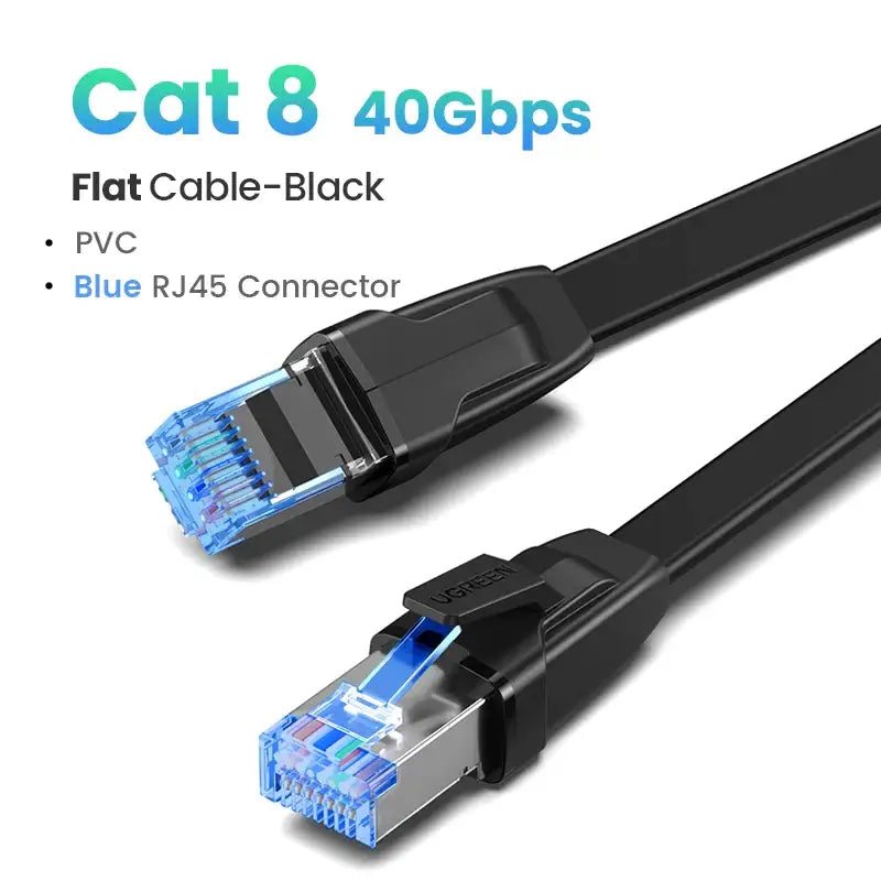 A close up of a pair of black ethernet cables with blue ethernet connectors