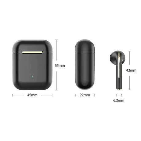 A close up of a pair of earphones with measurements