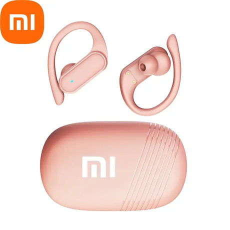 A close up of a pair of pink earphones with a case