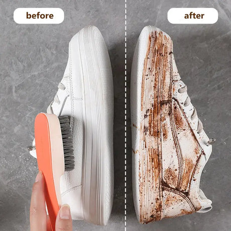 a pair of shoes with a shoe brush and shoe cleaner