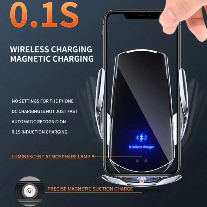 someone is holding a cell phone with a wireless charging device