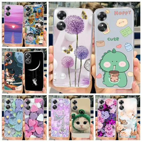 a close up of a person holding a cell phone with a bunch of different designs