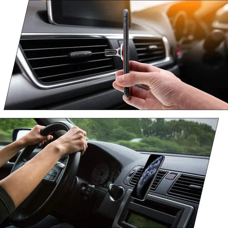 a hand holding a cell in the dashboard of a car