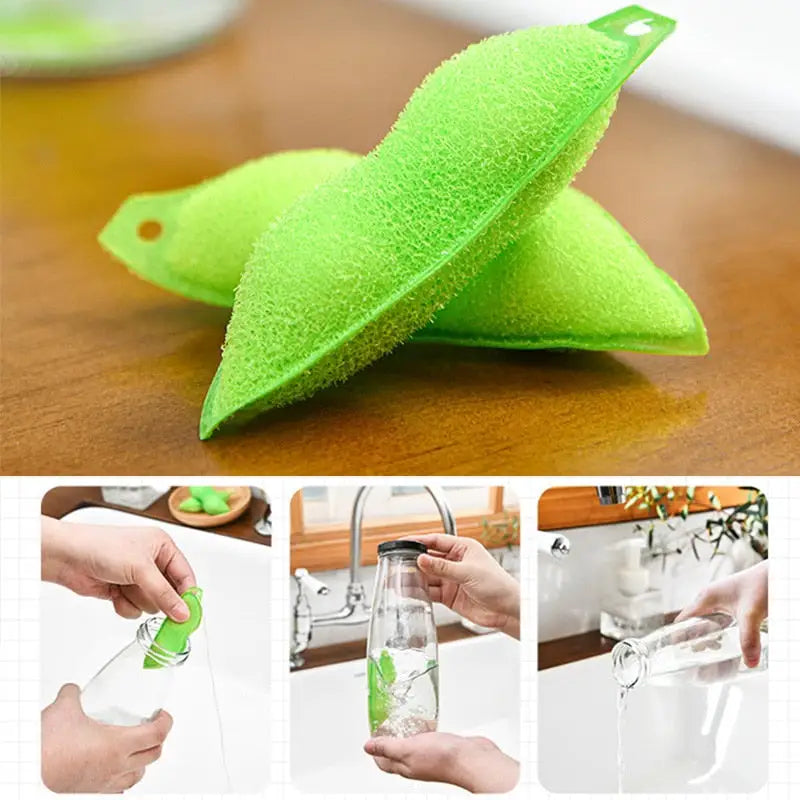 there are four pictures of a person holding a green sponge over a sink