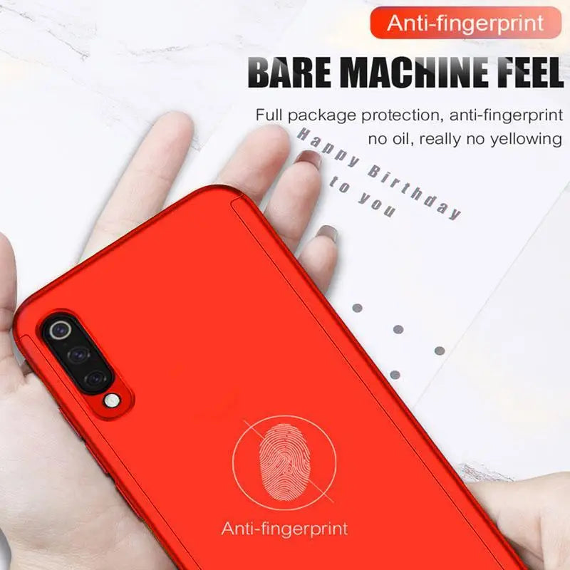 a close up of a person holding a red phone with a fingerprint on it