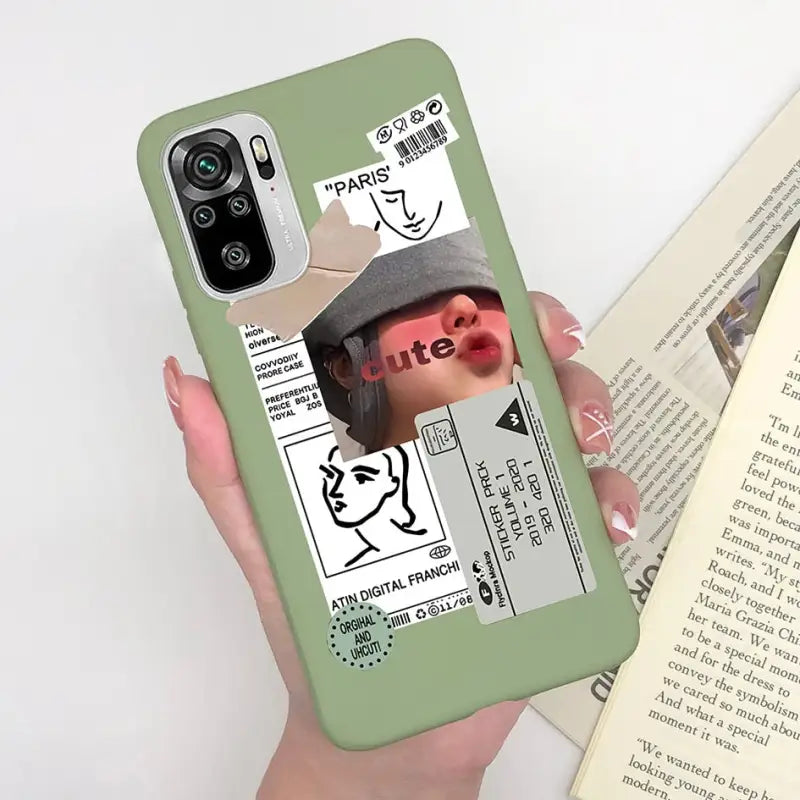 a woman holding a book and a phone case