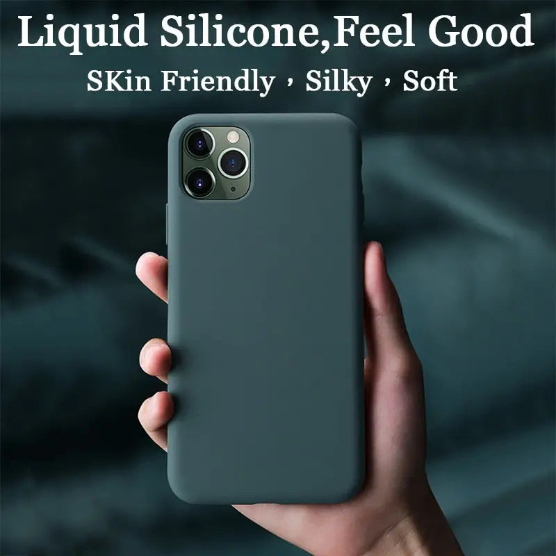 a hand holding a phone case with the text liquid silicon gel