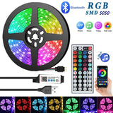 A close up of a person holding a remote control and a light strip