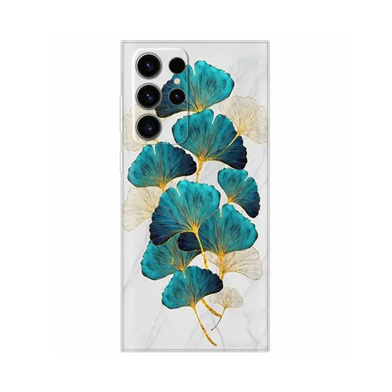 the back of a white and blue flower case