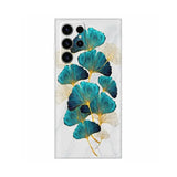 the back of a white and blue flower case