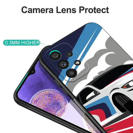 A close up of a phone case with a car design on it