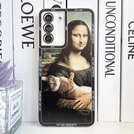 A close up of a phone case with a cat on it