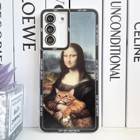 A close up of a phone case with a cat on it