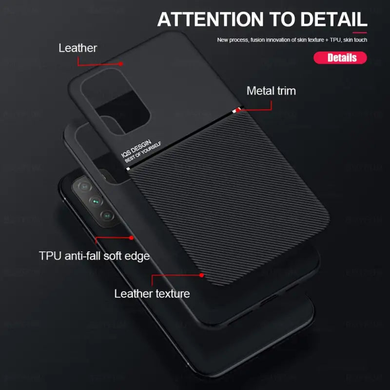 a close up of a black phone case with a description of the features