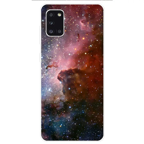 A close up of a phone case with a galaxy background