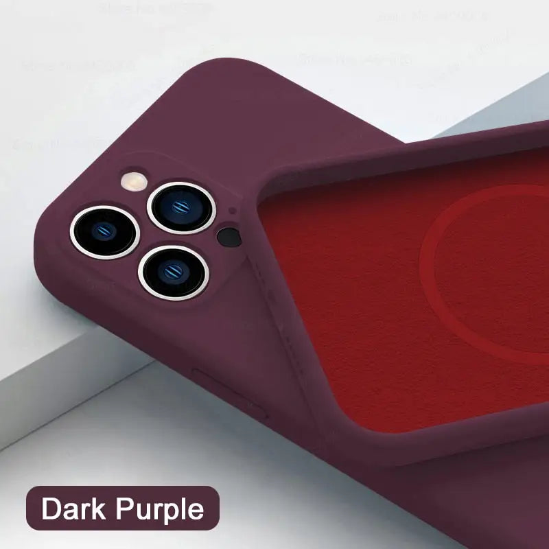 the dark purple iphone case is shown with the red cover