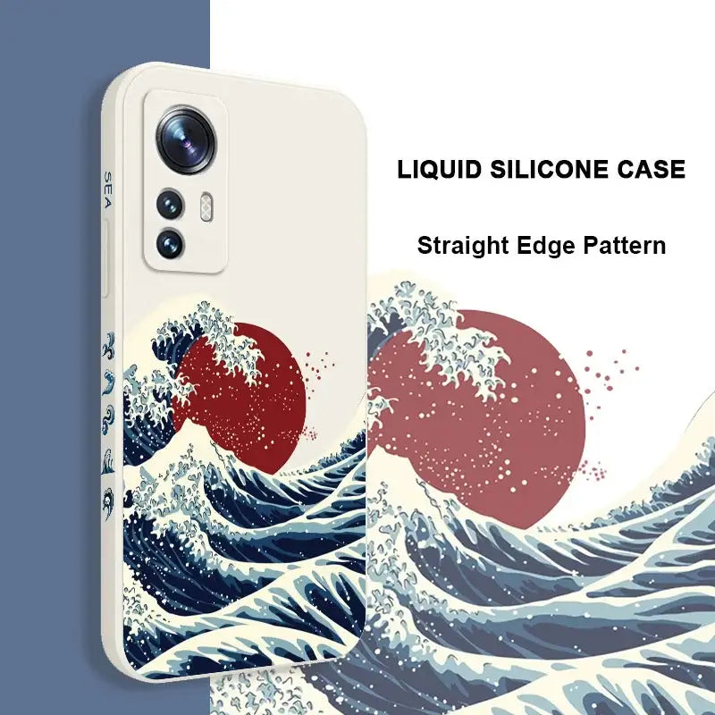 A close up of a phone case with a picture of a wave