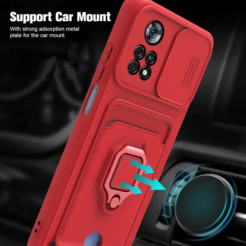 the red case is attached to the phone