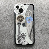a close up of a phone case with a picture of a statue of liberty