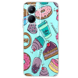 a close up of a phone case with a pattern of donuts and coffee