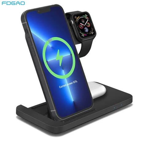 a close up of a phone on a charging stand with a watch on it