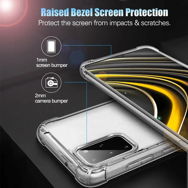 a close up of a phone with a clear screen and a yellow light